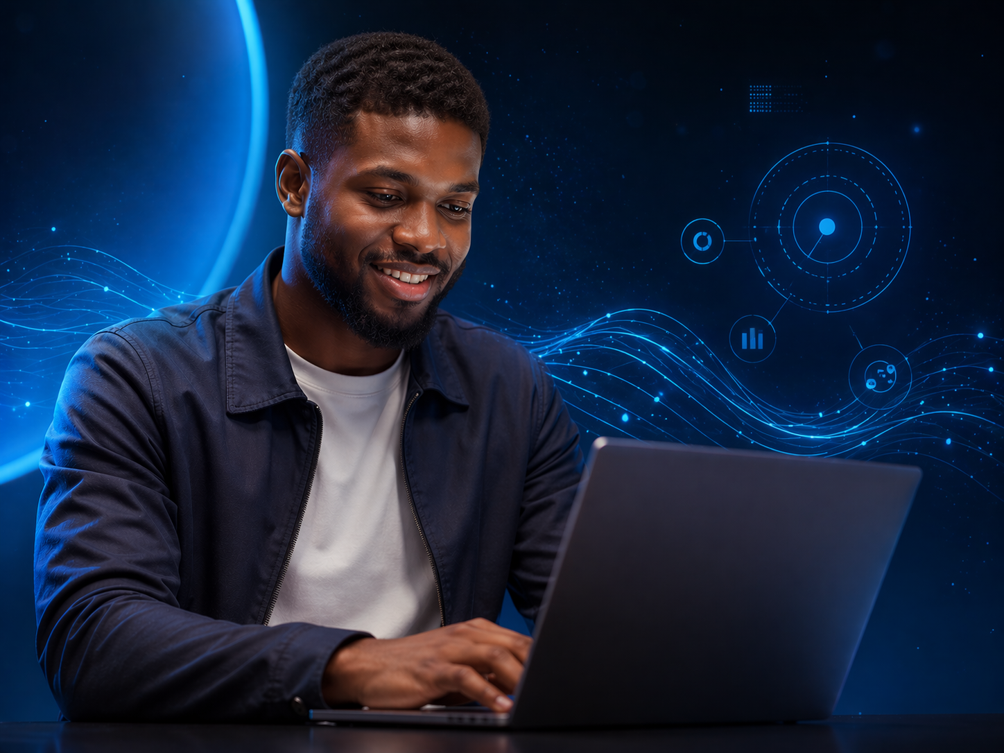 Futuristic illustration, employee working on ERP system on computer in professional environment
