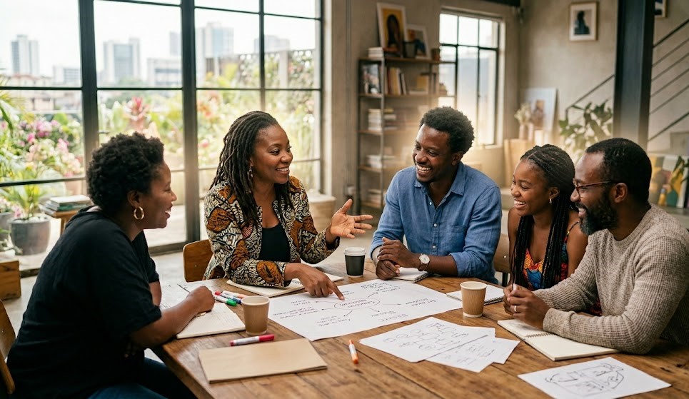 Équipe africaine collaborant dans un environnement lumineux pour analyser des informations stratégiques et partager des insights décisionnels