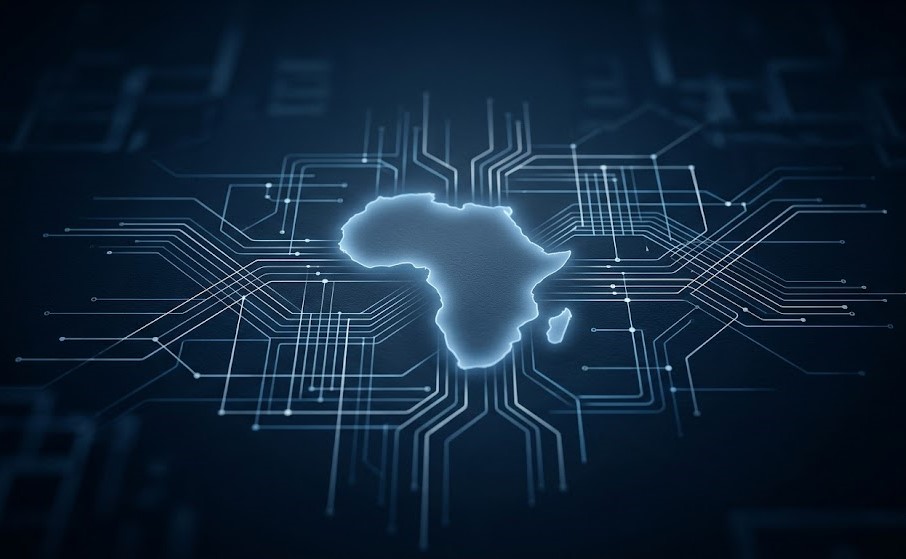 Illuminated map of Africa on dark blue background with abstract lines symbolizing risk management in African markets