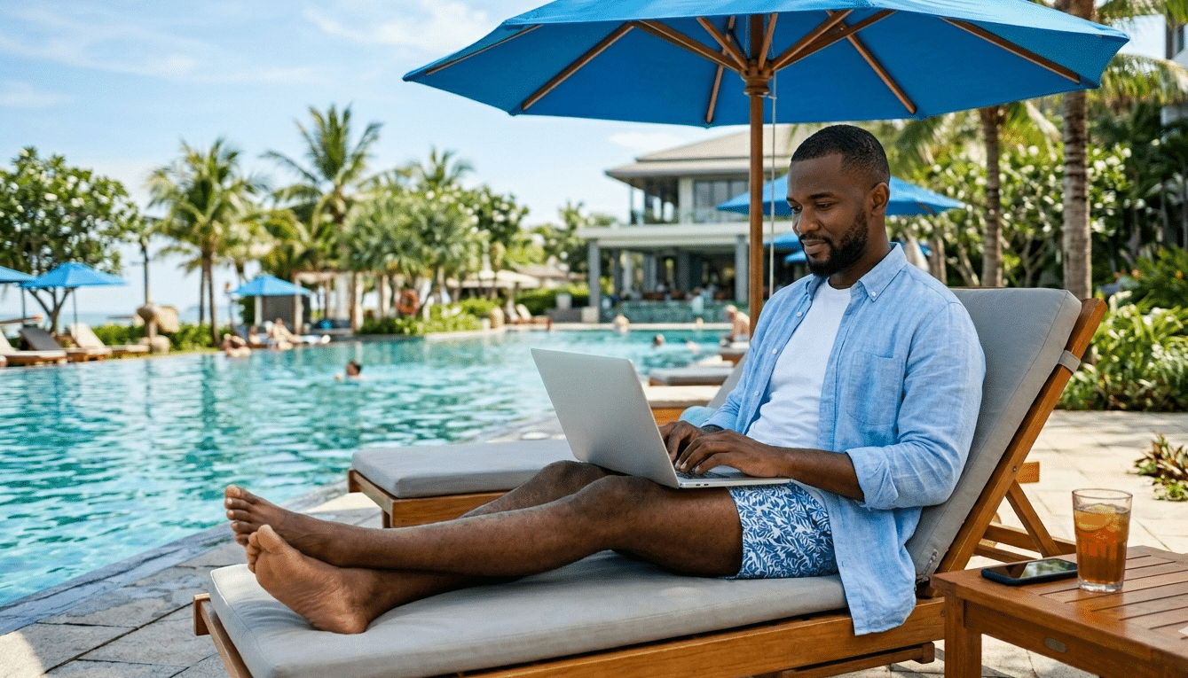Casual man working by a swimming pool - AI offers flexibility and time savings